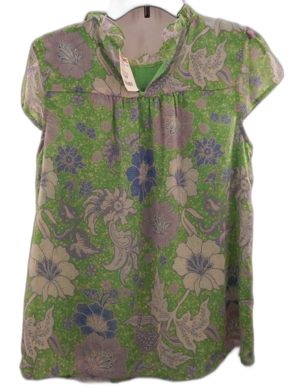 Joie NEW Floral Chiffon Green Lavender Metallic Ruffle Lined Blouse Top Sz MED